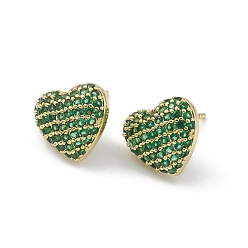 Green Heart Brass Cubic Zirconia Ear Studs for Women Men, Lead Free & Cadmium Free, Real 18K Gold Plated, Long-Lasting Plated, Green, 11x12x4mm, Pin: 0.8mm