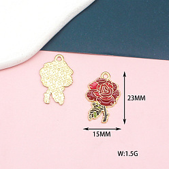 Red Alloy Enamel Pendants, Light Gold, Rose, Red, 23x15mm