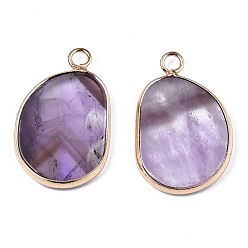 Amethyst Natural Amethyst Pendants, with Golden Plated Brass Edge and Loop, Bean, 25.5x16x2mm, Hole: 2.5mm