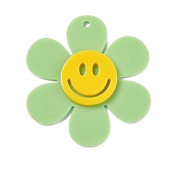 Pale Green Opaque Acrylic Big Pendants, Sunflower with Smiling Face Charm, Pale Green, 55x50.5x5mm, Hole: 2.5mm