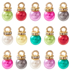 Mixed Color ABS Plastic Charms, with Golden Tone Iron Findings and Rhinestone, Dyed, Round Charm, Mixed Color, 13.5x8mm, Hole: 2.5mm, about 15pcs/bag