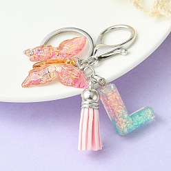 Letter L Resin & Acrylic Keychains, with Alloy Split Key Rings and Faux Suede Tassel Pendants, Letter & Butterfly, Letter L, 8.6cm