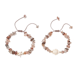 Rutilated Кварц 2шт. регулируемые браслеты из плетеных бусин из натурального черного золота с рутиловым кварцем, черепаха и морская звезда, с синтетическими бирюзовый, внутренний диаметр: 1-7/8~2-7/8 дюйм (4.9~7.2 см), 2 шт / комплект