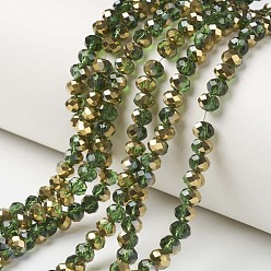 Green Electroplate Transparent Glass Beads Strands, Half Golden Plated, Faceted, Rondelle, Green, 8x6mm, Hole: 1mm, about 72pcs/strand, 16.14 inch(41cm)