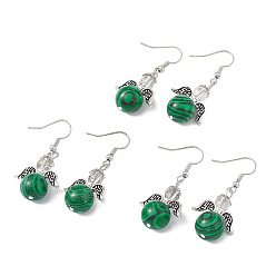 Malachite Synthetic Malachite Round Beaded Fairy Dangle Earrings, Platinum Brass Jewelry for Women, Cadmium Free & Lead Free, 45mm, Pin: 0.7mm