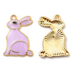 Lilac Alloy Pendants, with Enamel, Golden, Cadmium Free & Nickel Free & Lead Free, Rabbit Charms, Lilac, 25x17.5x2.5mm, Hole: 1.6mm