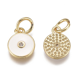 White Brass Micro Pave Cubic Zirconia Charms, with Enamel and Jump Ring, Long-Lasting Plated, Real 18K Gold Plated, Flat Round, White, 10x8x1mm, Hole: 3mm