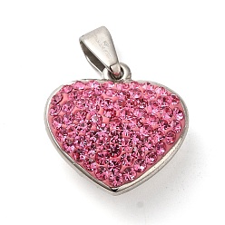 Rose 304 Stainless Steel Pendants, with Polymer Clay Rhinestone, Heart Charm, Stainless Steel Color, Rose, 17x17x8mm, Hole: 6.5x3mm