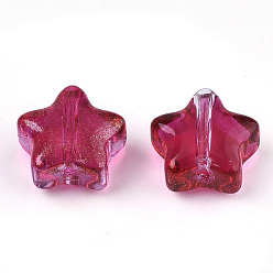 Deep Pink Transparent Spray Painted Glass Beads, with Glitter Powder, Star, Deep Pink, 8x8x4mm, Hole: 0.8~1mm