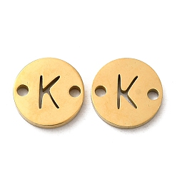 Letter K Ion Plating(IP) 304 Stainless Steel Connector Charms, Flat Round with Letter, Golden, Letter K, 9x1~1.5mm, Hole: 1~1.4mm