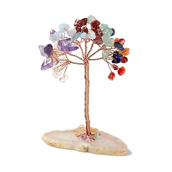 Mixed Stone Natural Mixed Stone Chips and Natural Agate with Mixed Stone Pedestal Display Decorations, with Rose Gold Plated Brass Wires, Lucky Tree, 31~42x60~68x100~104mm
