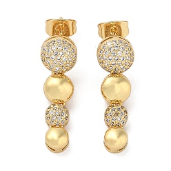 Flat Round Brass Micro Pave Cubic Zirconia Dangle Stud Earrings, Real 18K Gold Plated, Flat Round, 26x8mm
