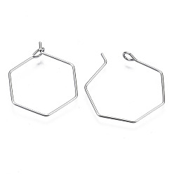 Stainless Steel Color 304 Stainless Steel Hoop Earring Findings, Wine Glass Charm Rings, Hexagon, Stainless Steel Color, 26x20x0.6mm, Pin: 0.6mm