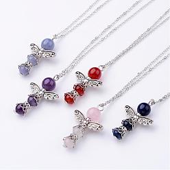 Mixed Color Natural Gemstone Pendant Necklaces, with Alloy Findings and Brass Chains, Angel, Mixed Color, 17.9 inch