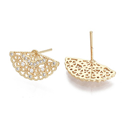 Real 18K Gold Plated Brass Micro Pave Clear Cubic Zirconia Stud Earring Findings, for Half Drilled Beads, Nickel Free, Fan, Real 18K Gold Plated, 10x17.5mm, Pin: 0.7mm, Pin: 0.8mm(for half drilled beads)