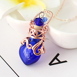Dark Blue Lampwork Perfume Bottle Pendant Necklace, Rose Gold Titanium Steel Jewelry for Women, Dark Blue, 17.72 inch(45cm)