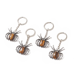 Tiger Eye Spider Natural Tiger Eye Pendant Keychain, with Brass Findings, 7.8~7.9cm