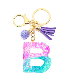 Letter B Resin Keychains, Tassel Keychain, Glass Ball Keychain, with Light Gold Tone Plated Iron Findings, Alphabet, Letter.B, 11.2x1.2~5.7cm
