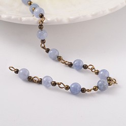 Aquamarine Round Natural Gemstone Handmade Beaded Chains, Unwelded, with Brass Findings, Antique Bronze, 6mm, about 58pcs/strand, 39.3 inch