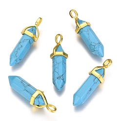 Synthetic Turquoise Synthetic Turquoise Double Terminated Pointed Pendants, Dyed, with Random Alloy Pendant Hexagon Bead Cap Bails, Bullet, Golden, 37~40x12.5x10mm, Hole: 3x4.5mm