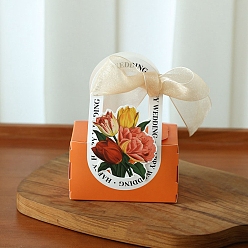 Orange Folding Cardboard Candy Boxes, Wedding Gift Wrapping Box, With Handle, Rectangle with Flower, Orange, 10x5x6cm