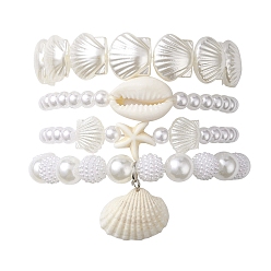 Seashell Color 4Pcs 4 Style ABS Plastic Imitation Pearl Beaded Stretch Bracelets Set, Stackable Bracelets with Natural Shell Charms, Seashell Color, Inner Diameter: 2~2-1/8 inch(5.2~5.4cm), 1Pc/style