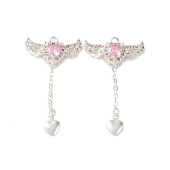 Посеребрённый Латунные микро проложить кубического циркония подвески, Сердце и крыло, 925 серебро покрытием, 39x20x6.5 мм, отверстие : 3x2 мм