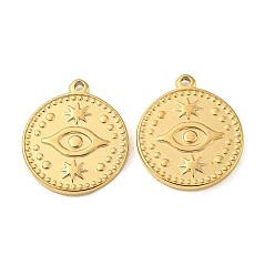 Real 14K Gold Plated 304 Stainless Steel Pendants, Flat Round with Evil Eye Charm, Real 14K Gold Plated, 19.5x17x2mm, Hole: 1.6mm
