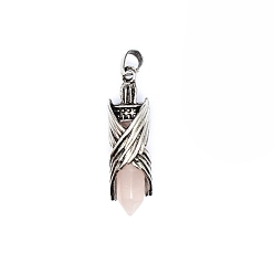 Rose Quartz Natural Rose Quartz Pointed Pendants, Faceted Bullet Charms with Antique Silver Plated Brass Wings, 44x12mm