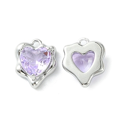 Lilac Brass Micro Pave Cubic Zirconia Charms, Heart Charm, Real Platinum Plated, Lilac, 13x11x4.5mm, Hole: 1.2mm