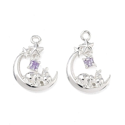 Лиловый Латунные микро проложить кубического циркония подвески, 925 серебро покрытием, Луна с подвесками в виде кролика и звезды., сирень, 21x15x3 мм, отверстие : 1.8 мм