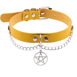 Yellow Stylish Star Pendant Collarbone Necklace with Leather Chain for Women