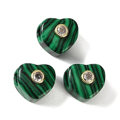 Malaquita Cuentas europeas de malaquita sintética, corazón cuentas grandes hoyos, con detalles de latón dorado micro pavé de circonita cúbica transparente, 12.5~13x13~14x12~13 mm, agujero: 5.5 mm