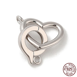 Real Platinum Plated Rhodium Plated 925 Sterling Silver Fold Over Clasps, Heart, with 925 Stamp, Real Platinum Plated, Heart: 9.5x12x1.5mm, Hole: 1.4mm, clasp: 10.5x8.5x2mm, Hole: 1.2mm