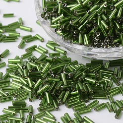 Green Silver Lined Glass Bugle Beads, Round Hole, Green, 6~7x1.5~2mm, Hole: 0.5mm, about 12500pcs/bag