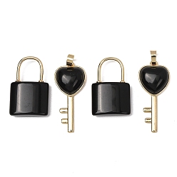 Obsidian Natural Obsidian Beaded Pendants, Lock and Key Charms, with Golden Brass Findings, 31.5~32.5x20~20.5x7.5mm, Hole: 11x12mm