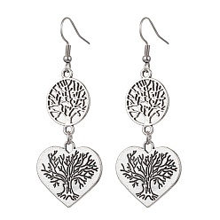 Antique Silver Tree of Life Alloy Dangle Earrings, 304 Stainless Steel Earring for Women, Flat Round and Heart, Antique Silver, 63x23.5mm