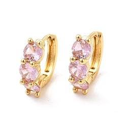 Pink Cubic Zirconia Hoop Earrings, Real 18K Gold Plated Brass Jewelry for Women, Cadmium Free & Lead Free, Pink, 15.5x16.5x5mm, Pin: 0.7~0.9mm