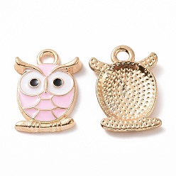 Pink Alloy Enamel Pendants, Owl Charm, Golden, Pink, 16.5x12x2.5mm, Hole: 1.6mm