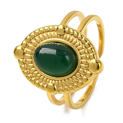 Зеленый агат Овальные перстни из натурального зеленого оникса-агата, золотистый тон 304 открытые манжеты из нержавеющей стали для женщин, овальный : 18x12.5 mm, регулируемый