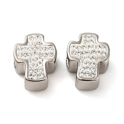 Cross 304 Stainless Steel European Beads, with Polymer Clay Rhinestone, Large Hole Beads, Stainless Steel Color, Cross, 13x10x7mm, Hole: 4.5mm