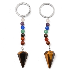 Tiger Eye Natural Tiger Eye Cone Pendant Keychain, with 7 Chakra Gemstone Beads and Platinum Tone Brass Findings, 108mm