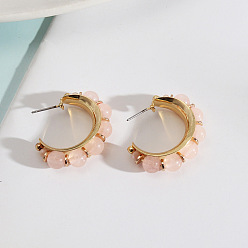Rose quartz steel needle Natural Stone Beaded Earrings with Fashionable European Style and Genuine Gold Plating