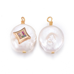 Coloré Pendentifs de perles d'eau douce de culture naturelle, avec accessoires zircon cubique micro pave en laiton, pépites avec étoile, or, colorées, 17~26x11~16x5~11mm, Trou: 1.6~2mm