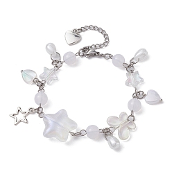 Clear Alloy Star & Acrylic Heart Charm Bracelet, with Butterfly & Round Beaded Chains, Clear, 6-7/8 inch(17.5cm)