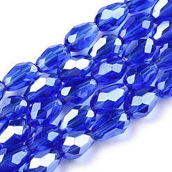 Blue Electroplate Glass Beads Strands, Pearl Luster Plated, Faceted, teardrop, Blue, 6x4mm, Hole: 1mm, about 72pcs/strand, 15 inch