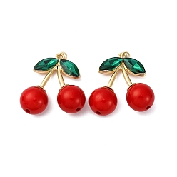 Зеленый Латунь стекло кулоны, вишня, с абс пластмассовой имитационной жемчужиной, с петлей-кольцом, без кадмия и без свинца, стойки покрытие, долговечный, реальный 18 k позолоченный, зелёные, 38x35.5x15.5 мм, отверстие : 3.5 мм