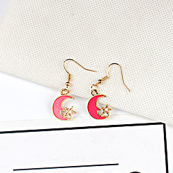 Deep Pink Enamel Star & Moon Dangle Earrings, Light Gold Plated Alloy Jewelry for Women, Deep Pink, 20mm
