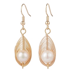 Golden Natural Pearl Teardrop Dangle Earrings, Brass Wire Wrap Drop Earrings with 304 Stainless Steel Pins for Women, Golden, Pendant: 29x12x10mm, 46mm, Pin: 0.9mm