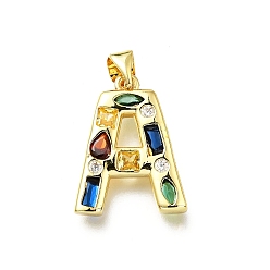 Letter A Латунные микропаве прозрачные подвески с фианитом, с целью перехода в кольце, без свинца и без кадмия, долговечный, стойки покрытие, письмо амулеты, реальный 18 k позолоченный, буква a, 19~21x9.5~20x2.7 мм, Перейти кольцо: 5x1 мм, 3 mm внутреннего диаметра.
